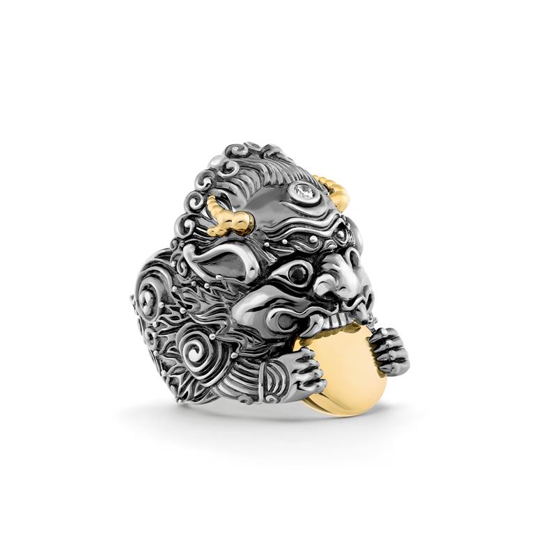 Rahu Ring Silver+ 14K Yellow Gold Ring (2.8g) with white topaz + Black Diamonds
