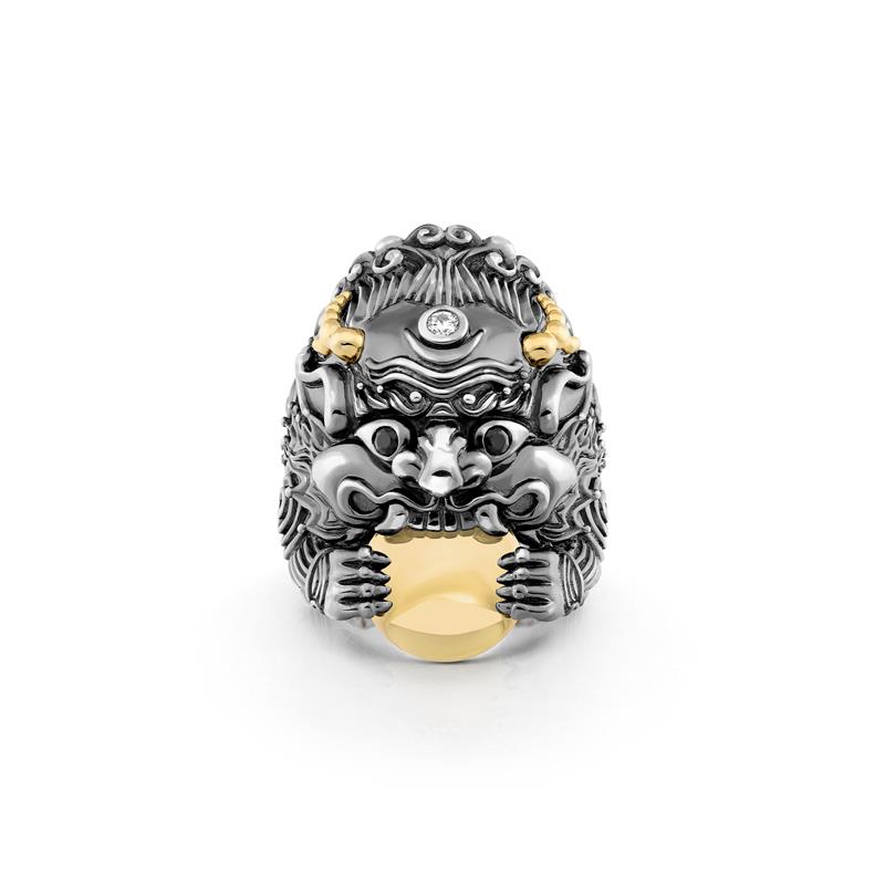 Rahu Ring Silver+ 14K Yellow Gold Ring (2.8g) with white topaz + Black Diamonds — view 3