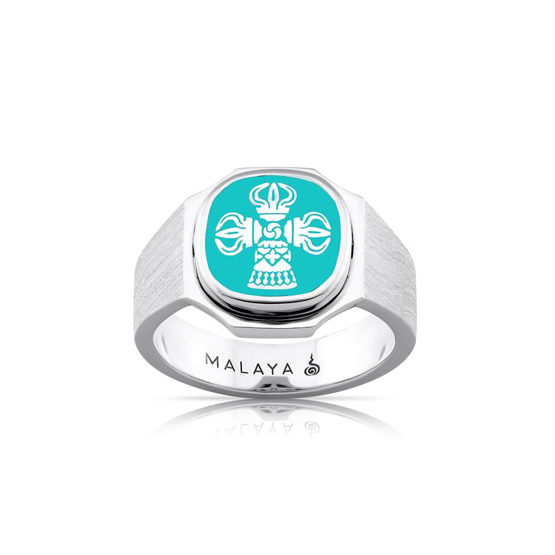 Vajra and bell Ring, silver, Tiffany blue enamel, brushed finished surface, sanded insert, polished edges