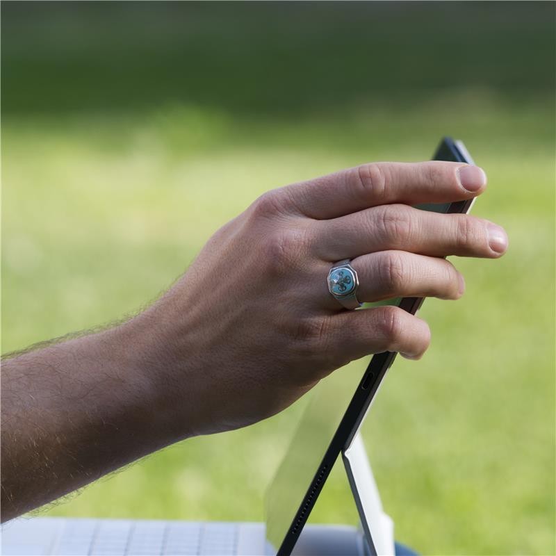 Vajra and bell Ring, silver, Tiffany blue enamel, brushed finished surface, sanded insert, polished edges — view 3