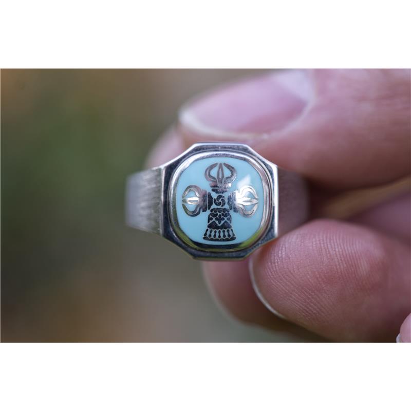 Vajra and bell Ring, silver, Tiffany blue enamel, brushed finished surface, sanded insert, polished edges — view 4