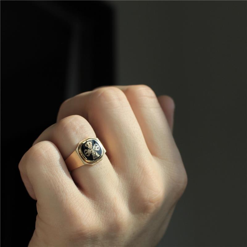 Double Dorje Ring, brushed finished surface, sanded insert, polished edges, 18k, Diamond 0.04 CTS.