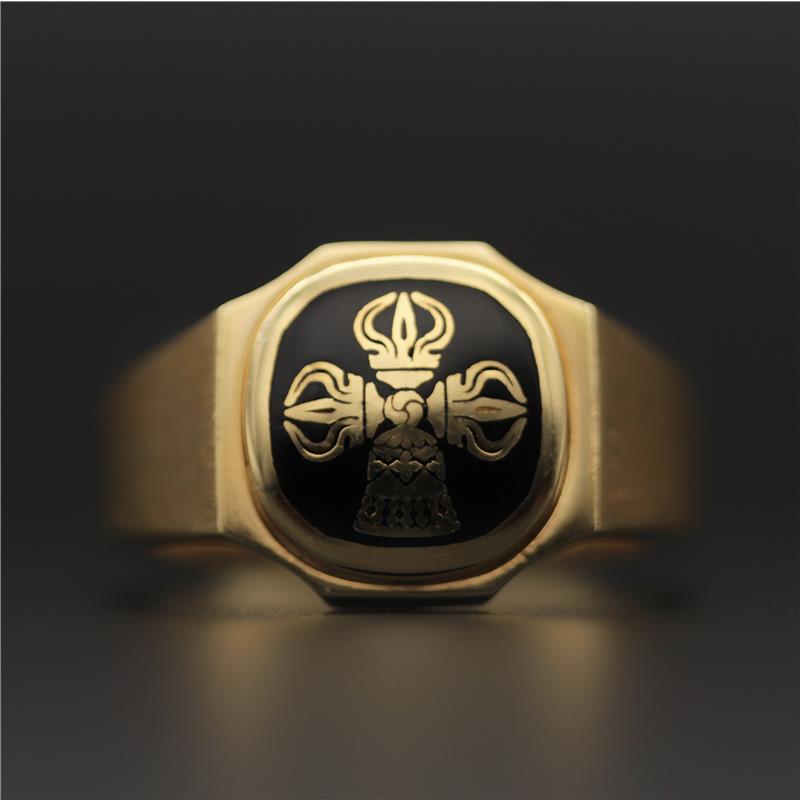 Double Dorje Ring, brushed finished surface, sanded insert, polished edges, 18k, Diamond 0.04 CTS. — view 5
