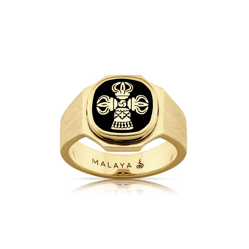 Double Dorje Ring, brushed finished surface, sanded insert, polished edges, 18k, Diamond 0.04 CTS.