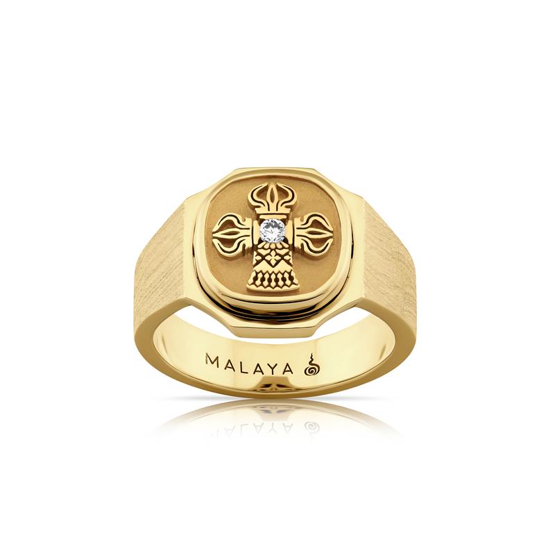 Dorje Bell Samaya Ring, male size 18K Yellow Gold, brushed finished surface, sanded insert, polished edges Central Diamond .025 CTS. 12.5 grams