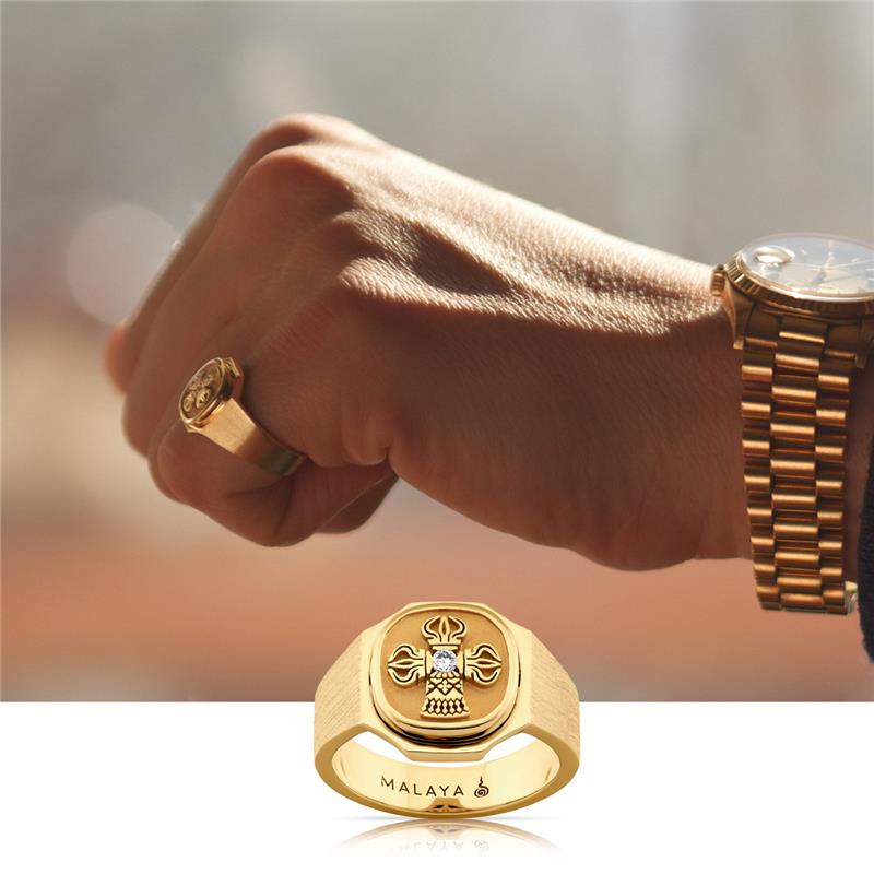 Dorje Bell Samaya Ring, male size 18K Yellow Gold, brushed finished surface, sanded insert, polished edges Central Diamond .025 CTS. 12.5 grams
