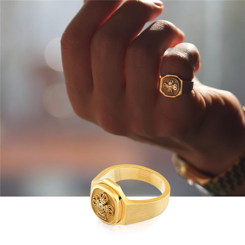 Dorje Bell Samaya Ring, male size 18K Yellow Gold, brushed finished surface, sanded insert, polished edges Central Diamond .025 CTS. 12.5 grams — view 3