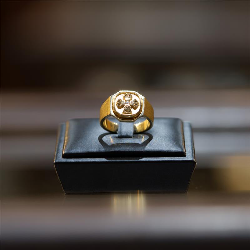 Dorje Bell Samaya Ring, male size 18K Yellow Gold, brushed finished surface, sanded insert, polished edges Central Diamond .025 CTS. 12.5 grams — view 6