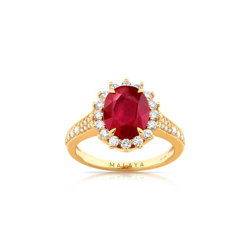 Red Ruby Vajras Ring Ruby - 3.34cts 0.598cts Diamonds 14k yellow gold 3.59g