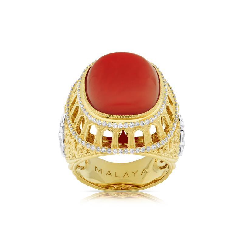 Life Force Coral Signet Ring 18k Gold 21.75g, Total 23.56g 0.58cts. Diamonds