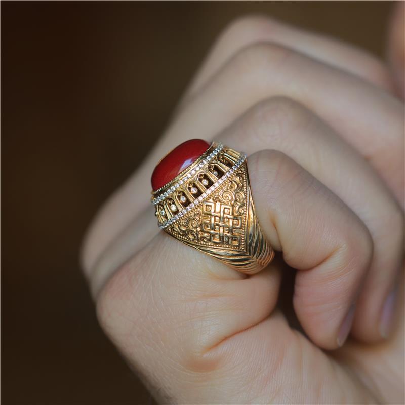 Life Force Coral Signet Ring 18k Gold 21.75g, Total 23.56g 0.58cts. Diamonds