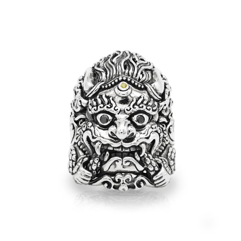 Kirtimukha (Tsipatta) Ring Silver 20g Black diamonds, yellow sapphire .08cts