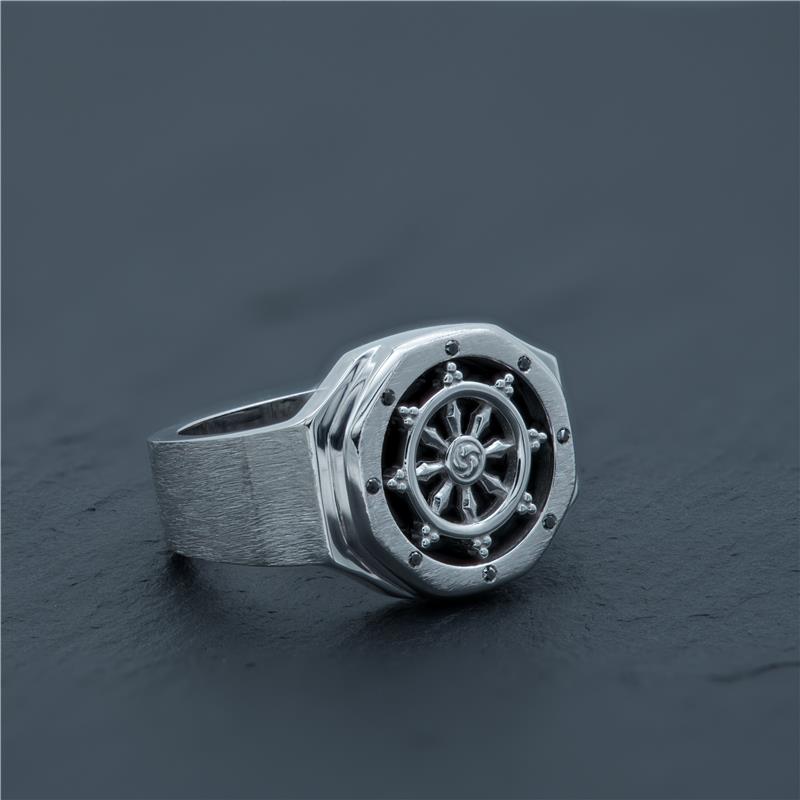 Dharmachakra, “The Dharma Wheel” Octagonal ring, Silver, Black Onyx & black Diamonds — view 3