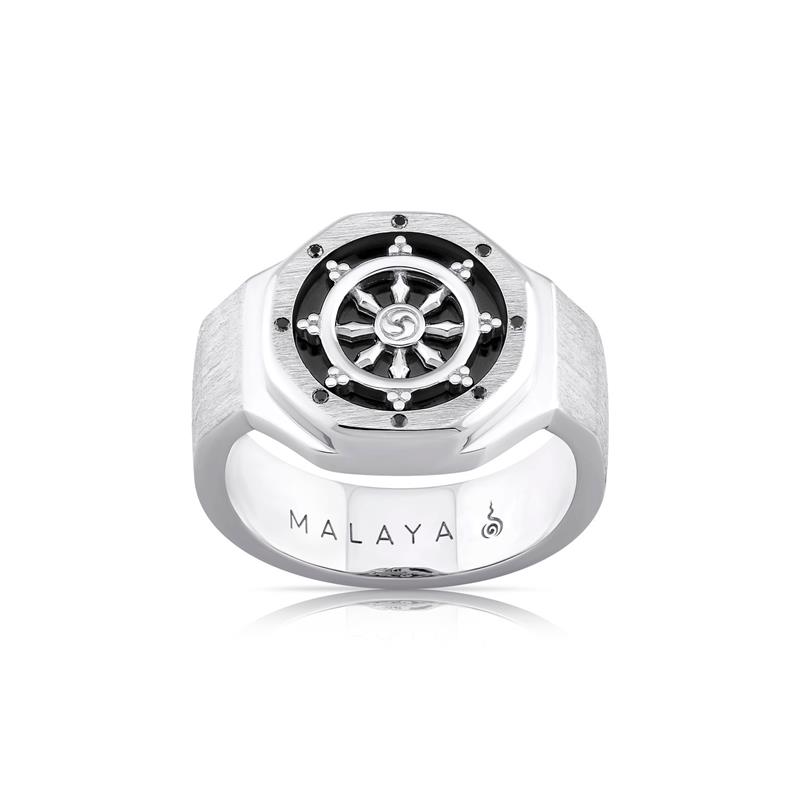 Dharmachakra, “The Dharma Wheel” Octagonal ring, Silver, Black Onyx & black Diamonds