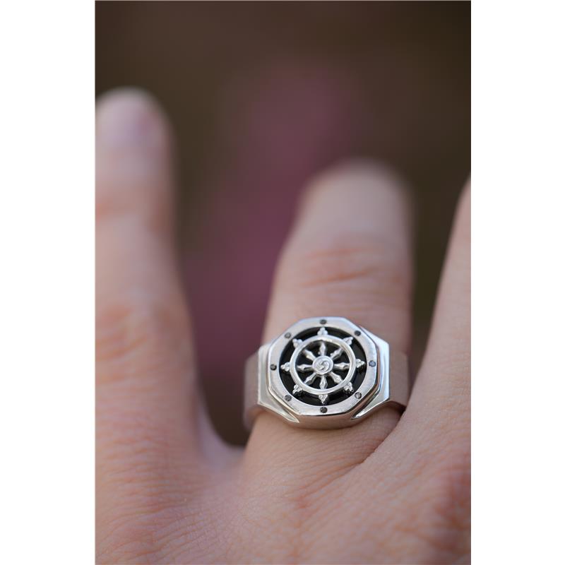 Dharmachakra, “The Dharma Wheel” Octagonal ring, Silver, Black Onyx & black Diamonds