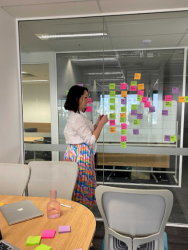 Emma Gillespie mapping out the narrative arc with post-it notes