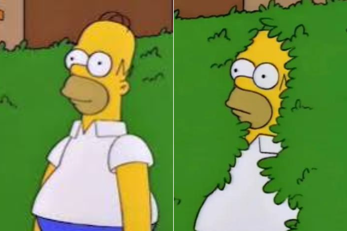 Homer Simpson backing into the bushes.