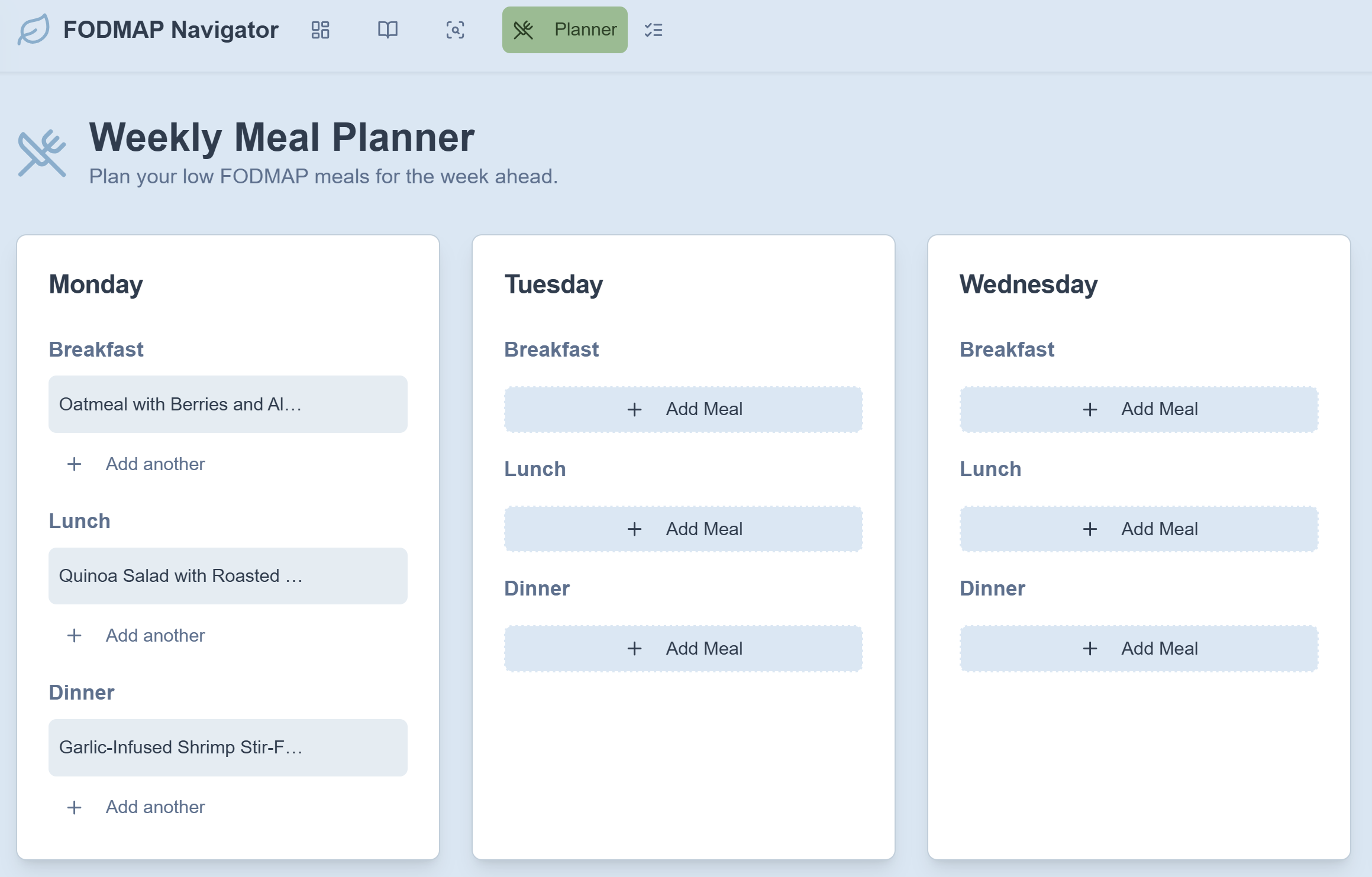 Screenshot of the FODMAP Navigator Weekly Meal Planner feature