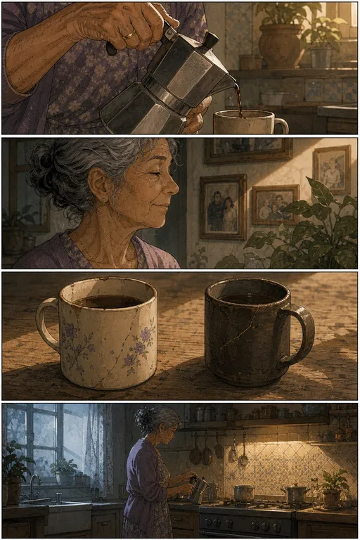 16:9 cinematic hand-painted 2D animation still, watercolor/gouache, realistic expressive characters, delicate ink detail, visible brush texture, subtle film grain. Elderly Latina woman, late 70s, silver hair loosely tied back, warm olive complexion, prepares TWO coffees in her deeply lived-in kitchen at dawn. Same woman throughout film, naturally aged.

Her signature mug is warm cream ceramic with tiny subtle LILAC-PURPLE FLOWERS and muted lavender-green stems. His mug is simple dark earth-toned ceramic. Both are 50+ years old: faded glaze, small chips, worn handles and carefully repaired hairline cracks.

Close composition on her aged hands, wedding ring, moka pot and curling steam. Large mature houseplant, scratched wooden table and decades of family photographs in background. Cool blue-gray morning mixed with gentle amber window light. Peaceful familiar ritual, not obvious grief. She prepares his second coffee automatically.