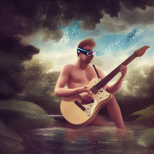 A shirtless man with swimming goggles playing guitar in the backyard
