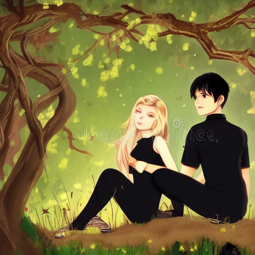 Black haired boy and blonde girl sitting on a tree branch