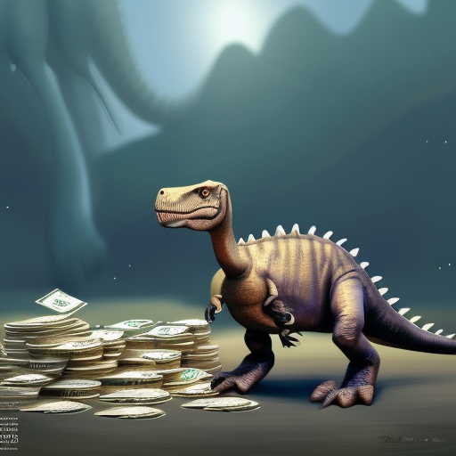 A dinosaur holding a stack of money