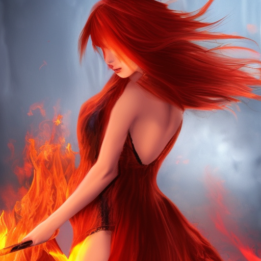 red hair, sexy, fire, flames, dress, magic, 8k, beautiful