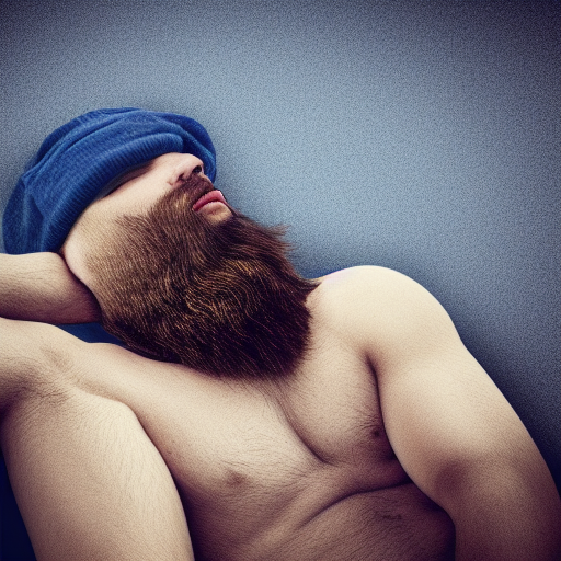 sleeping guy with brown hair and beard, wearing blue coat