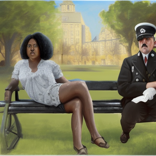 Adolf Hitler sitting on a bench next to a black woman at a park, 8k, beautiful, illustration, trending on art station, picture of the day, epic composition