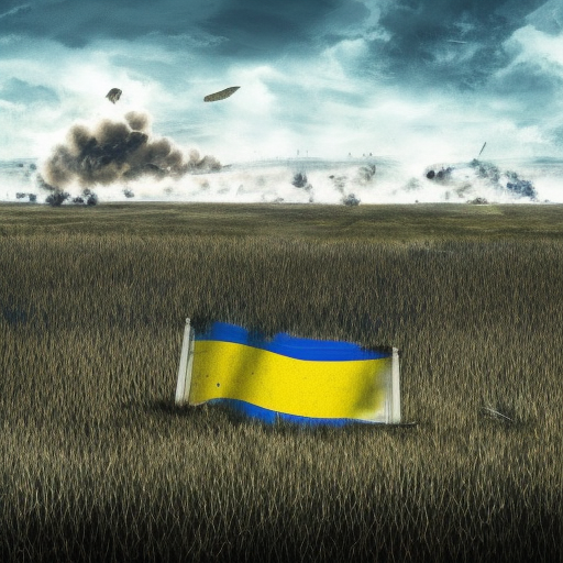 Ukrainian flag rolling over a field filled with bombed out houses