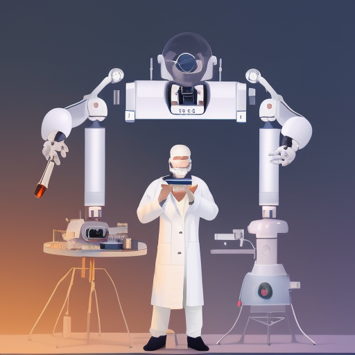 scientist in a white lab coat, with a robot, holding three sheets of paper