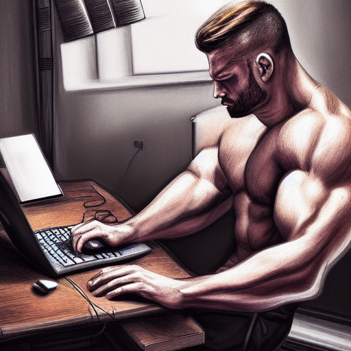 muscled man at a computer