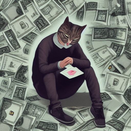 man wearing cat ears sitting on a pile of money