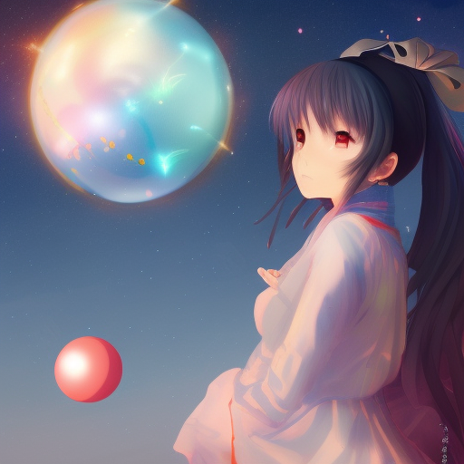 Anime girl orbited by crystal balls displaying futures scenes