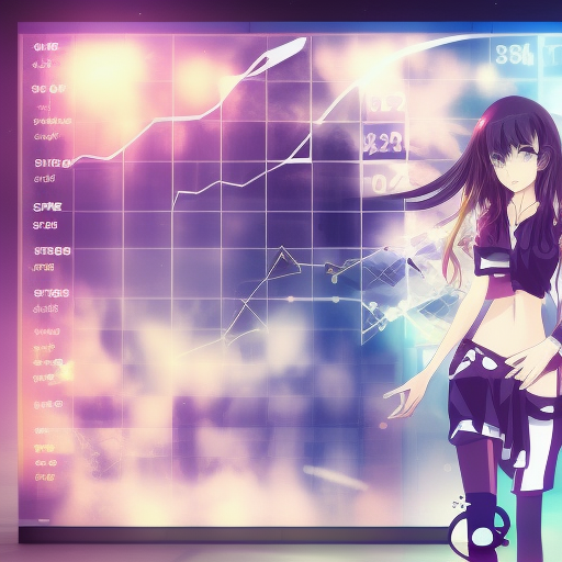 Anime magic girl in front of computers displaying charts and graphs.