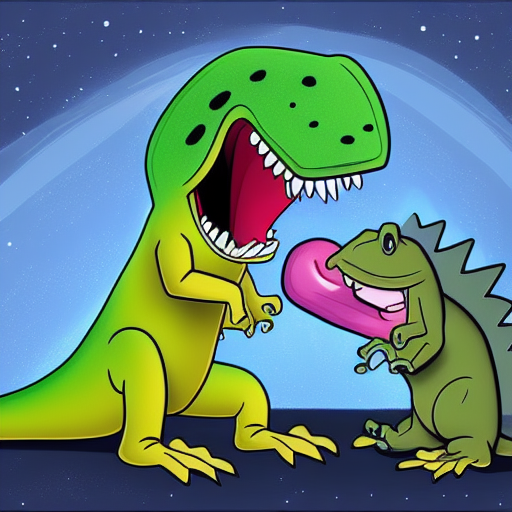 cartoon dinosaur getting punched in the face by a cartoon frog