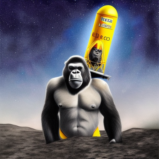 Drawing of gorilla on top of a rocket placed on moon's surface, 8k, beautiful, trending on art station
