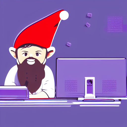 a gnome in a red hat with a purple shirt analyzing 10 computer screens with stocks