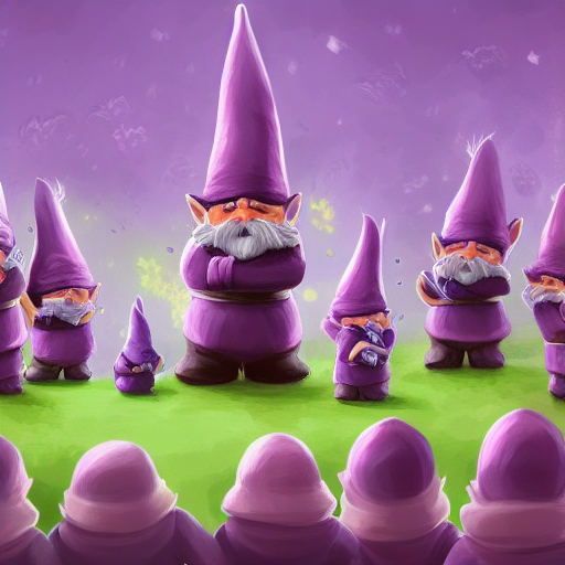 crowd of angry gnomes wearing purple fighting with each other