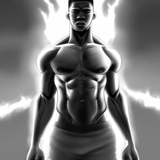 muscly black guy face short hair, lightning coming from eyes