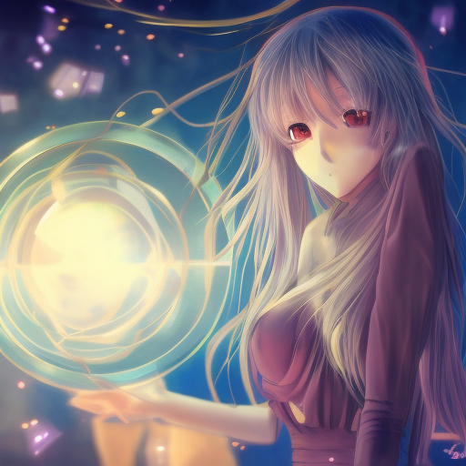 Anime girl surrounded crystal balls containing different futures