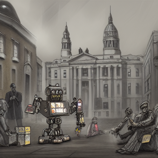 Robot beggars in front of London poorhouse