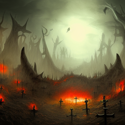 A vast hell-themed graveyard with demons.