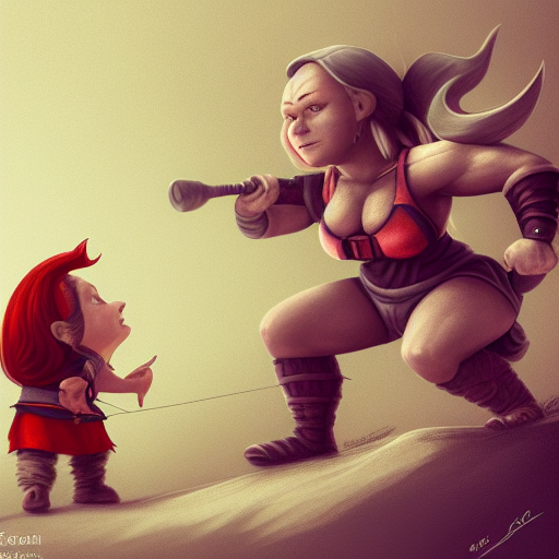 short gnome and a strong muscular swedish woman