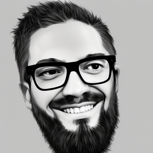 black and white smiling head with glasses and goatee. close up, low resolution