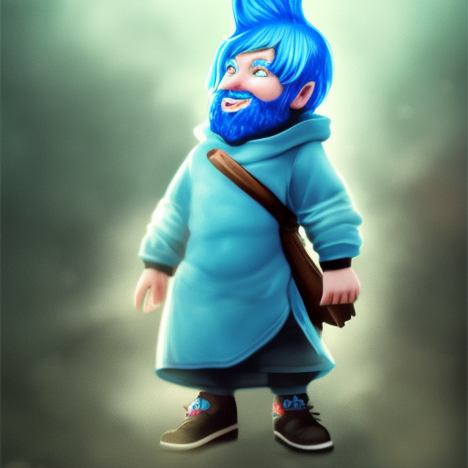 blue hair, male gnome, city