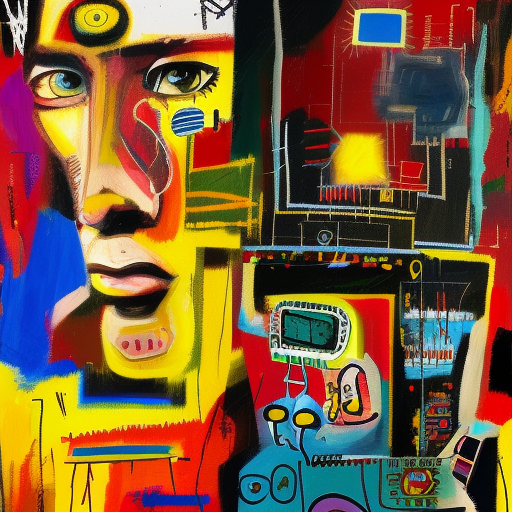 collage artwork, google, ai, robots, paintings, basquiat style