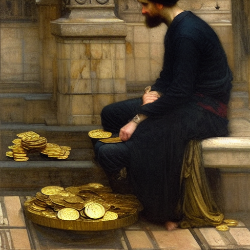 A fortune in gold, gold coins and bullion in the hands of an industrialist, John William Waterhouse, National Gallery, 1910