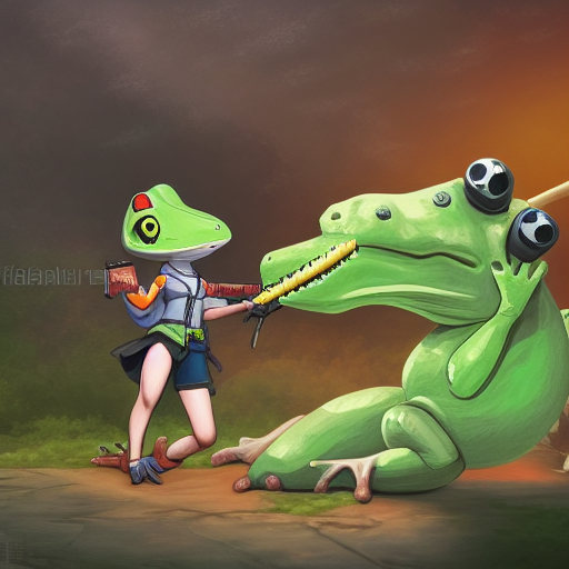 frog anime girl shoots dinosaur with a gun, illustrated, 4k