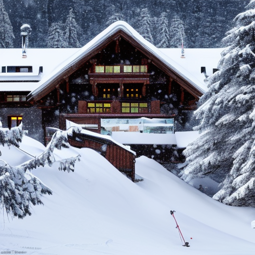 Heavy snow on a ski chalet with a mountain and ski lifts  in the background and skiers out front drinking mulled cider
